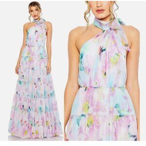 Mac Duggal 55881 Floral Print Asymmetrical Halter Neck Tiered Gown